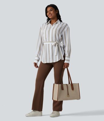 Long Sleeve Belted Curved Hem Stripe Work Linen-Feel Shirt with Pocket
