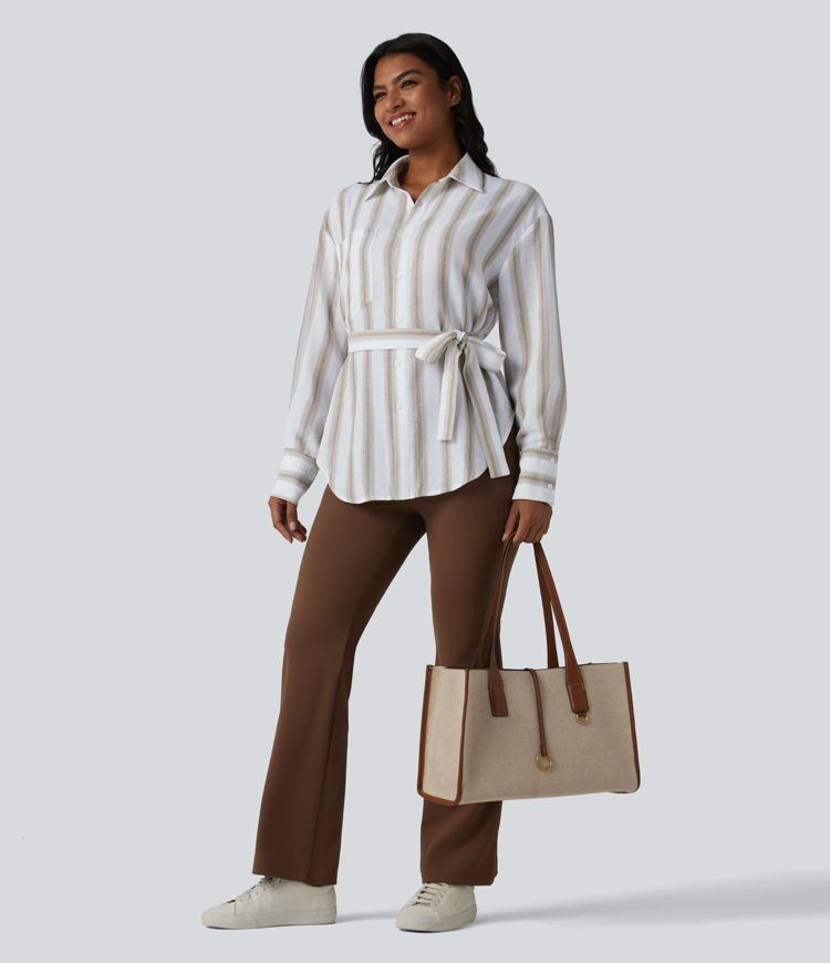 Long Sleeve Belted Curved Hem Stripe Work Linen-Feel Shirt with Pocket