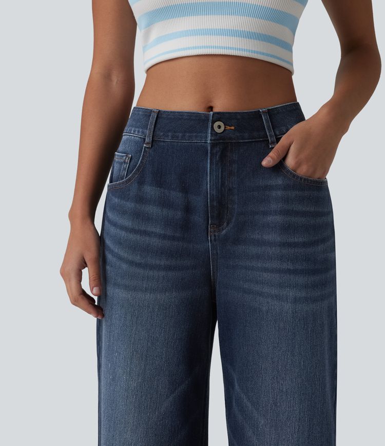 Halara Flex™ Mid Rise Washed Baggy Wide Leg Casual Jeans with Pockets