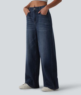 Halara Flex™ Mid Rise Washed Baggy Wide Leg Casual Jeans with Pockets