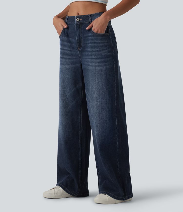 Halara Flex™ Mid Rise Washed Baggy Wide Leg Casual Jeans with Pockets
