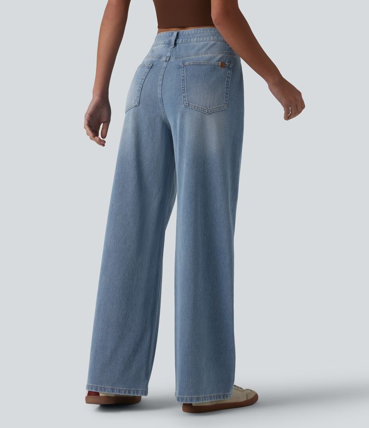 Halara Flex™ Mid Rise Washed Baggy Wide Leg Casual Jeans with Pockets