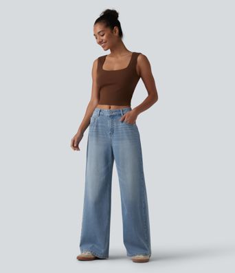 Halara Flex™ Mid Rise Washed Baggy Wide Leg Casual Jeans with Pockets