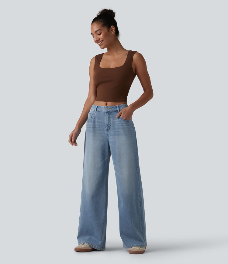 Halara Flex™ Mid Rise Washed Baggy Wide Leg Casual Jeans with Pockets