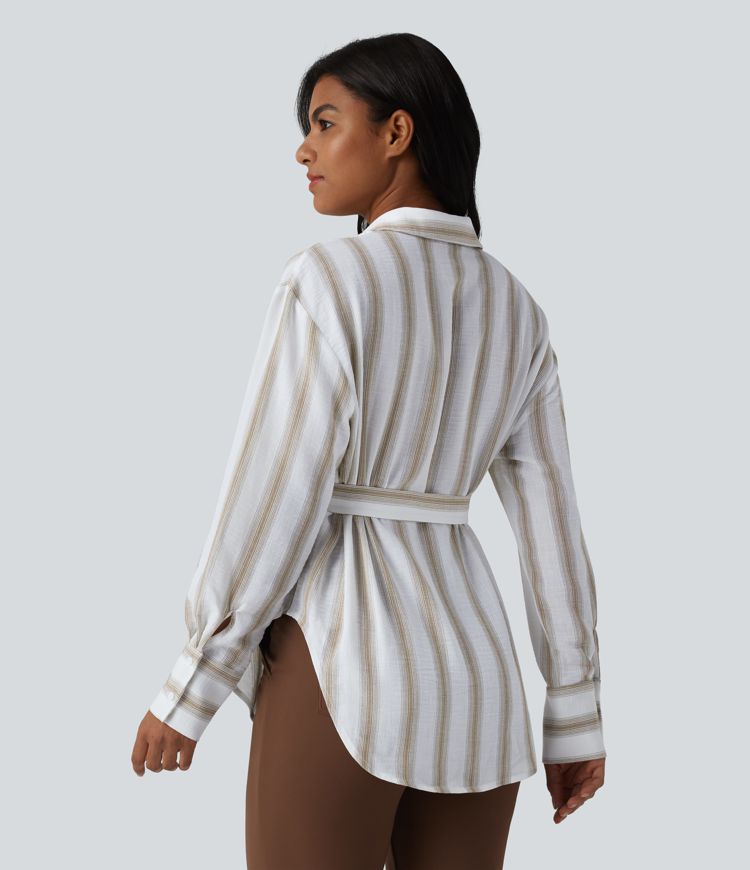 Long Sleeve Belted Curved Hem Stripe Work Linen-Feel Shirt with Pocket