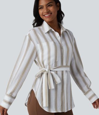 Long Sleeve Belted Curved Hem Stripe Work Linen-Feel Shirt with Pocket
