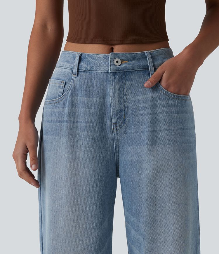 Halara Flex™ Mid Rise Washed Baggy Wide Leg Casual Jeans with Pockets