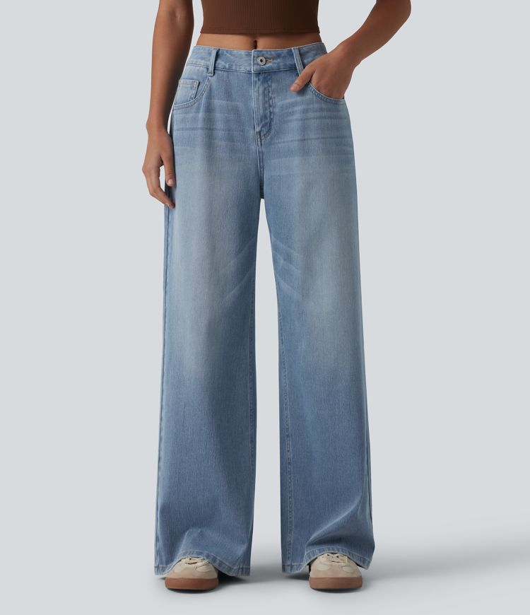 Halara Flex™ Mid Rise Washed Baggy Wide Leg Casual Jeans with Pockets