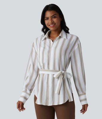 Long Sleeve Belted Curved Hem Stripe Work Linen-Feel Shirt with Pocket