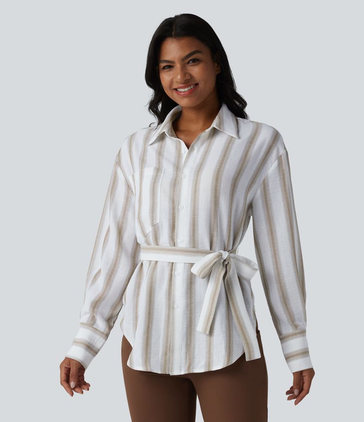 Long Sleeve Belted Curved Hem Stripe Work Linen-Feel Shirt with Pocket