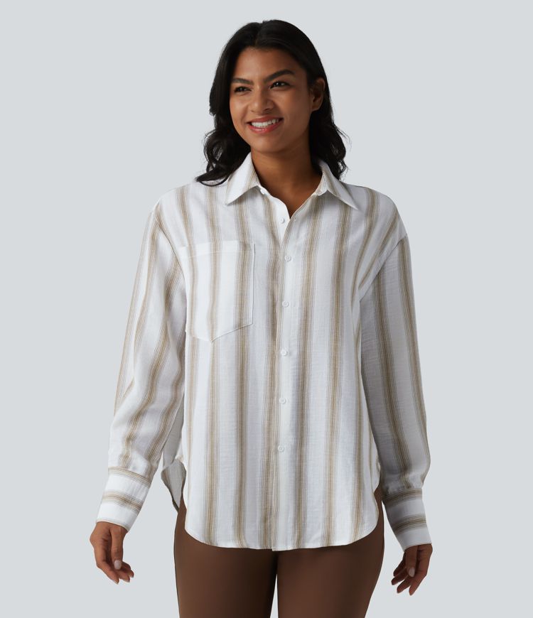 Long Sleeve Belted Curved Hem Stripe Work Linen-Feel Shirt with Pocket