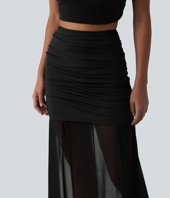 High Waisted Ruched Maxi 2-in-1 Casual Flowy Mesh Skirt