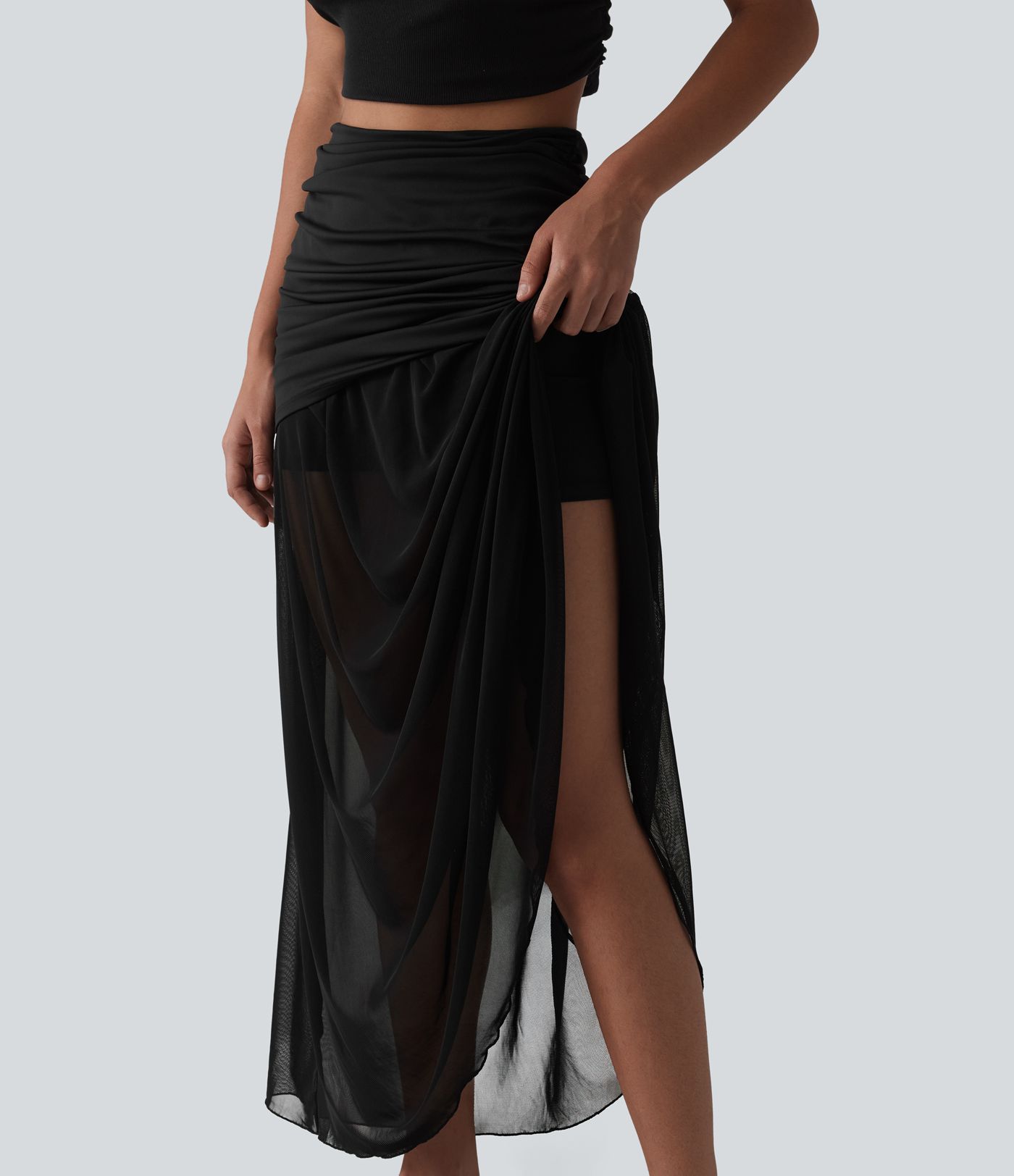 High Waisted Ruched Maxi 2-in-1 Casual Flowy Mesh Skirt