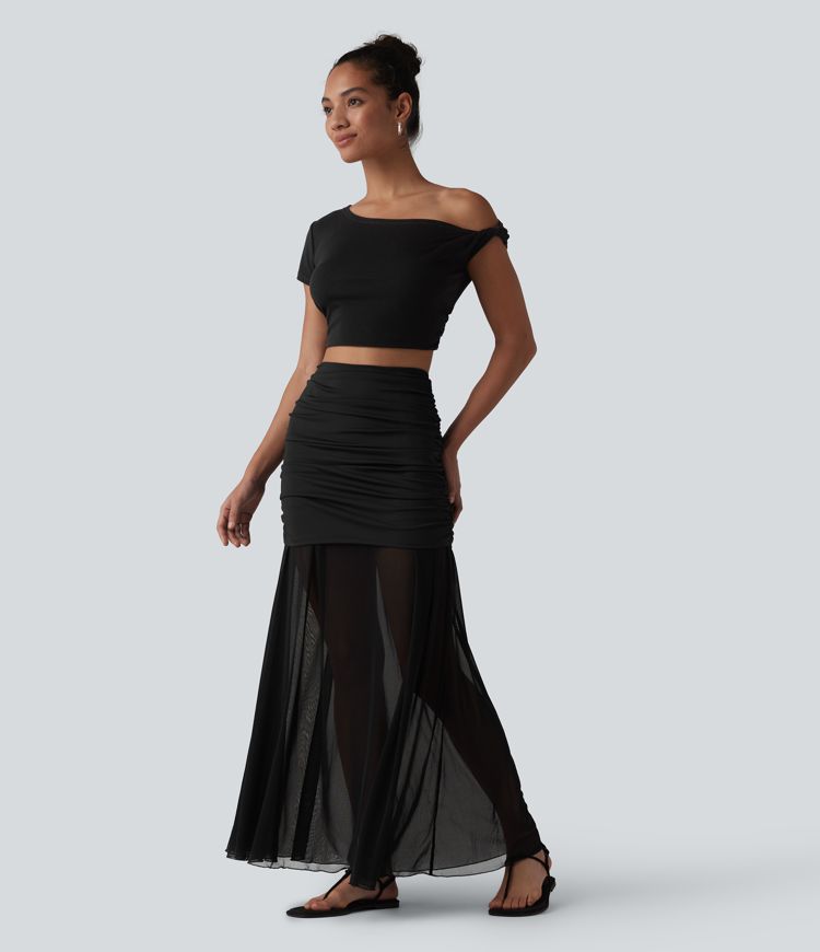 High Waisted Ruched Maxi 2-in-1 Casual Flowy Mesh Skirt