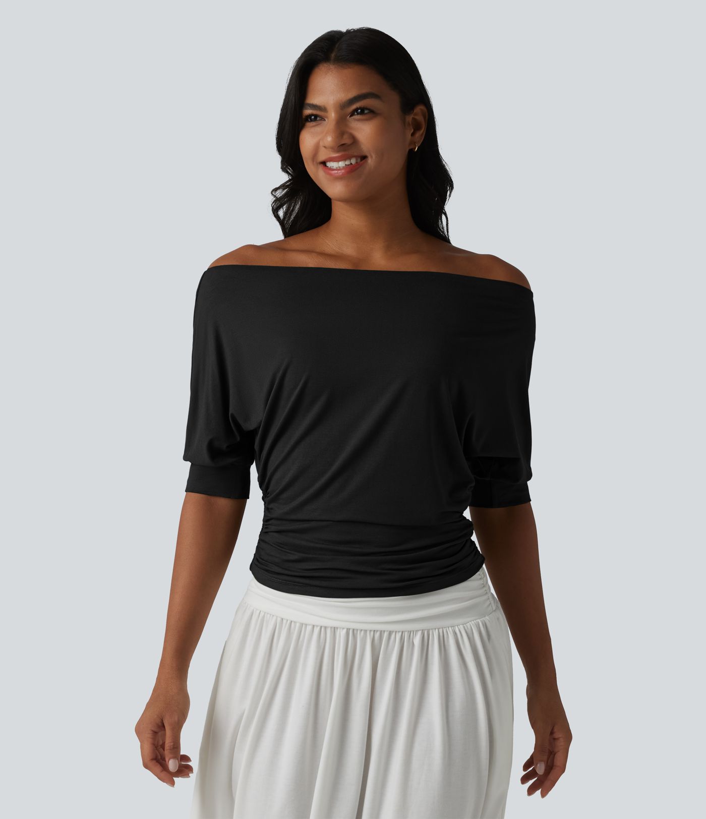 Off-shoulder Short Sleeve Ruched Casual Top
