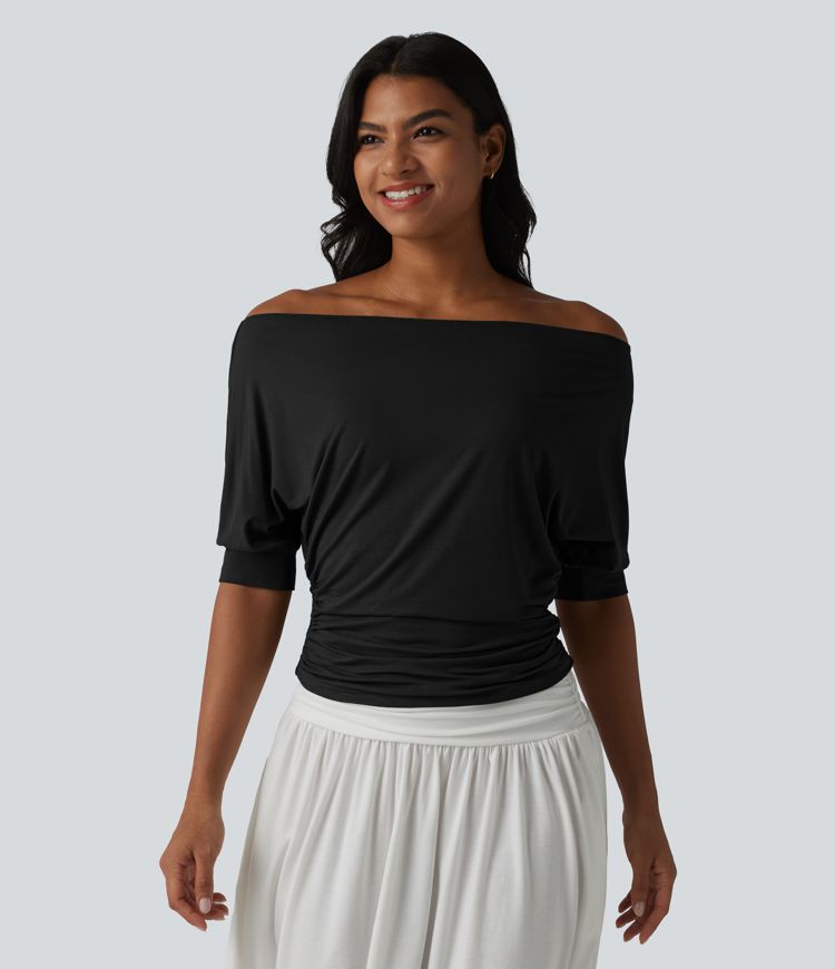 Off-shoulder Short Sleeve Ruched Casual Top