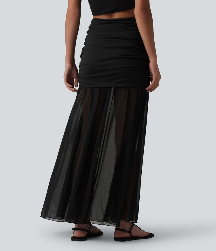High Waisted Ruched Maxi 2-in-1 Casual Flowy Mesh Skirt