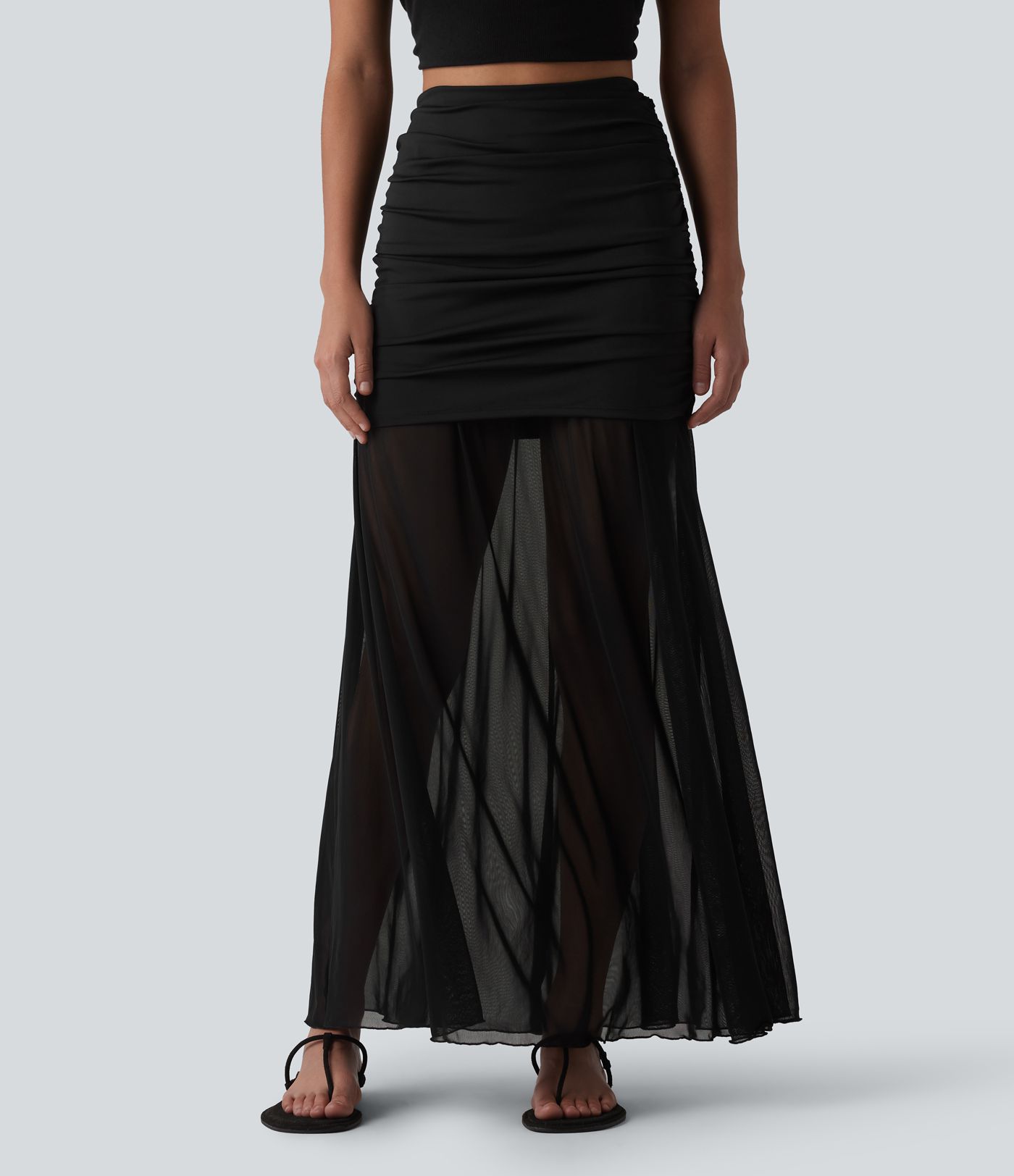 High Waisted Ruched Maxi 2-in-1 Casual Flowy Mesh Skirt