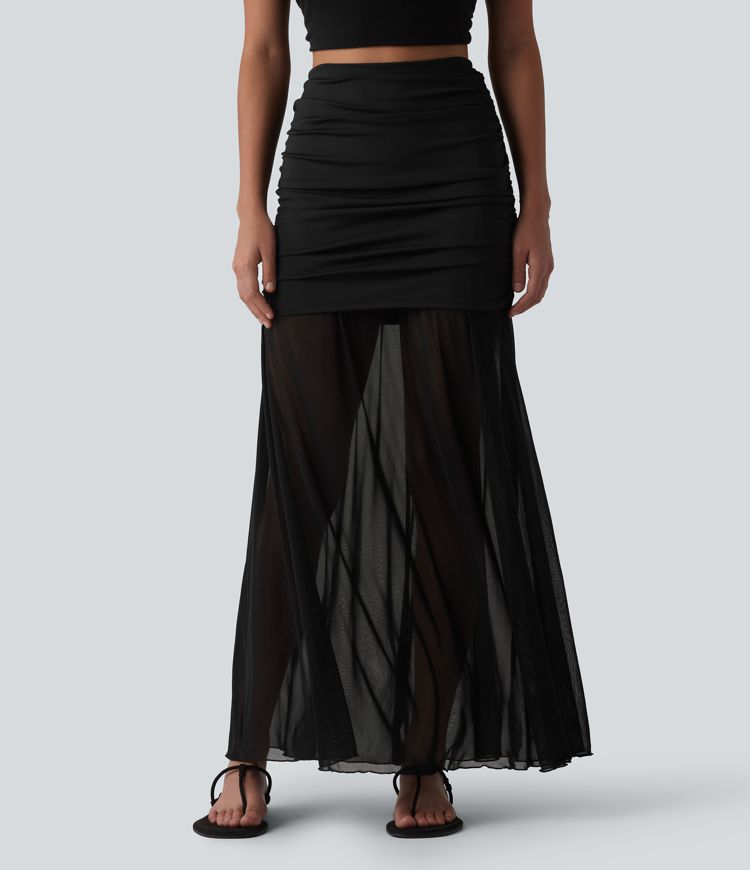 High Waisted Ruched Maxi 2-in-1 Casual Flowy Mesh Skirt