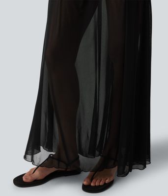 High Waisted Ruched Maxi 2-in-1 Casual Flowy Mesh Skirt