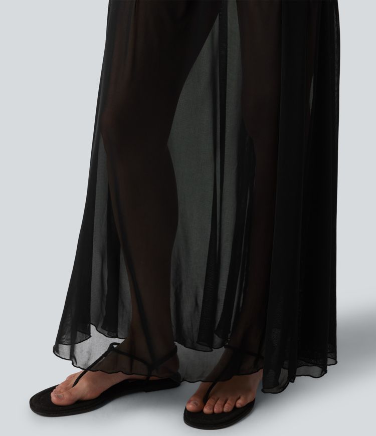 High Waisted Ruched Maxi 2-in-1 Casual Flowy Mesh Skirt