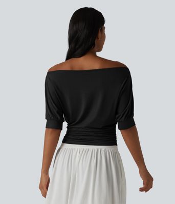 Off-shoulder Short Sleeve Ruched Casual Top