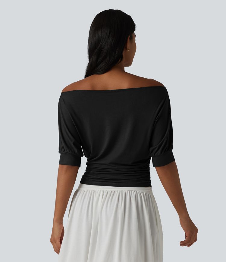 Off-shoulder Short Sleeve Ruched Casual Top