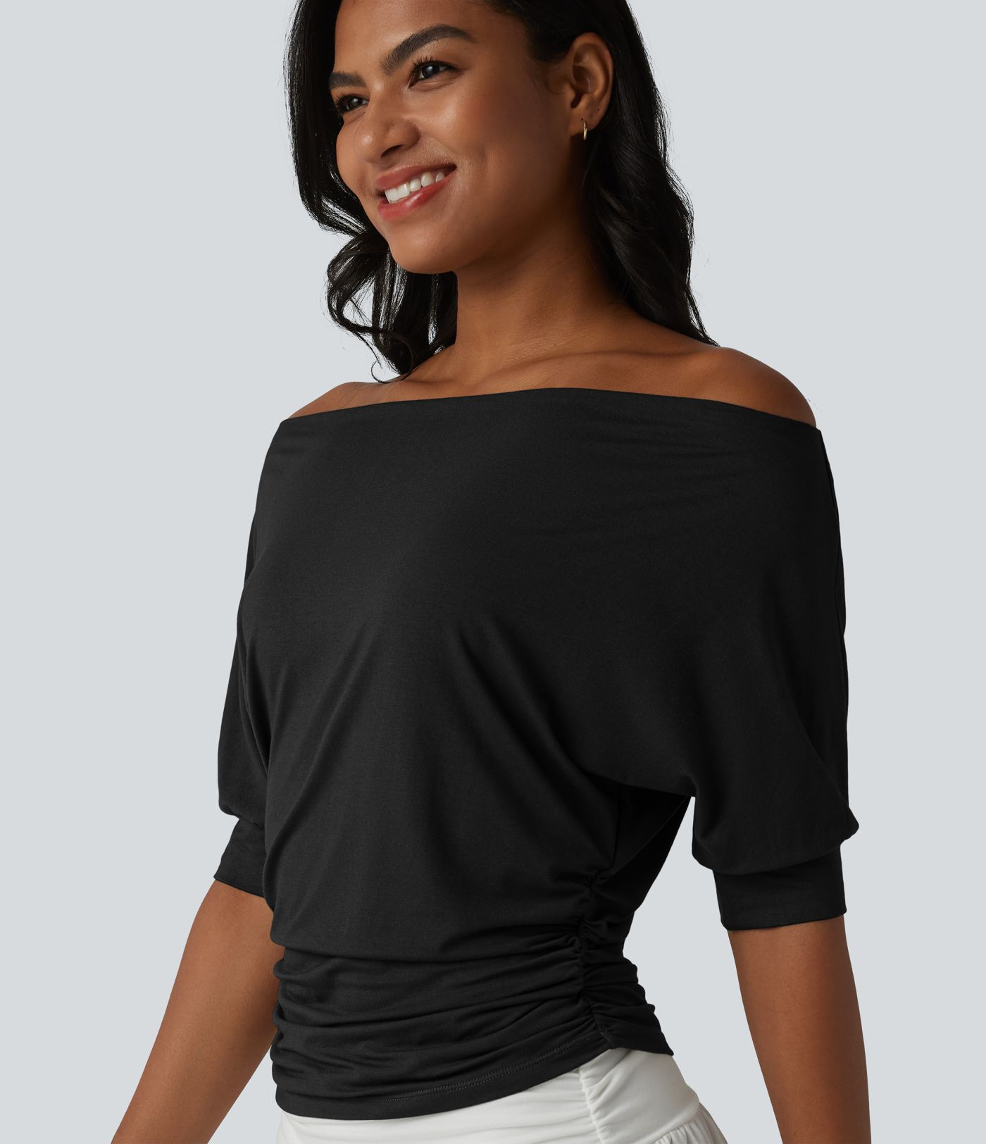 Off-shoulder Short Sleeve Ruched Casual Top