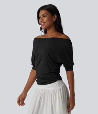 Off-shoulder Short Sleeve Ruched Casual Top