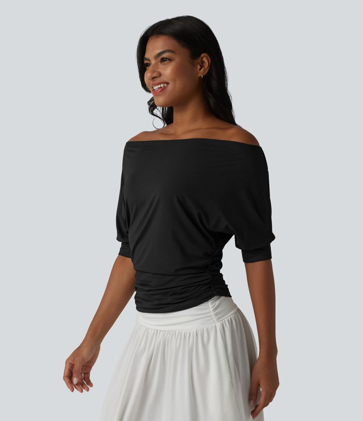 Off-shoulder Short Sleeve Ruched Casual Top