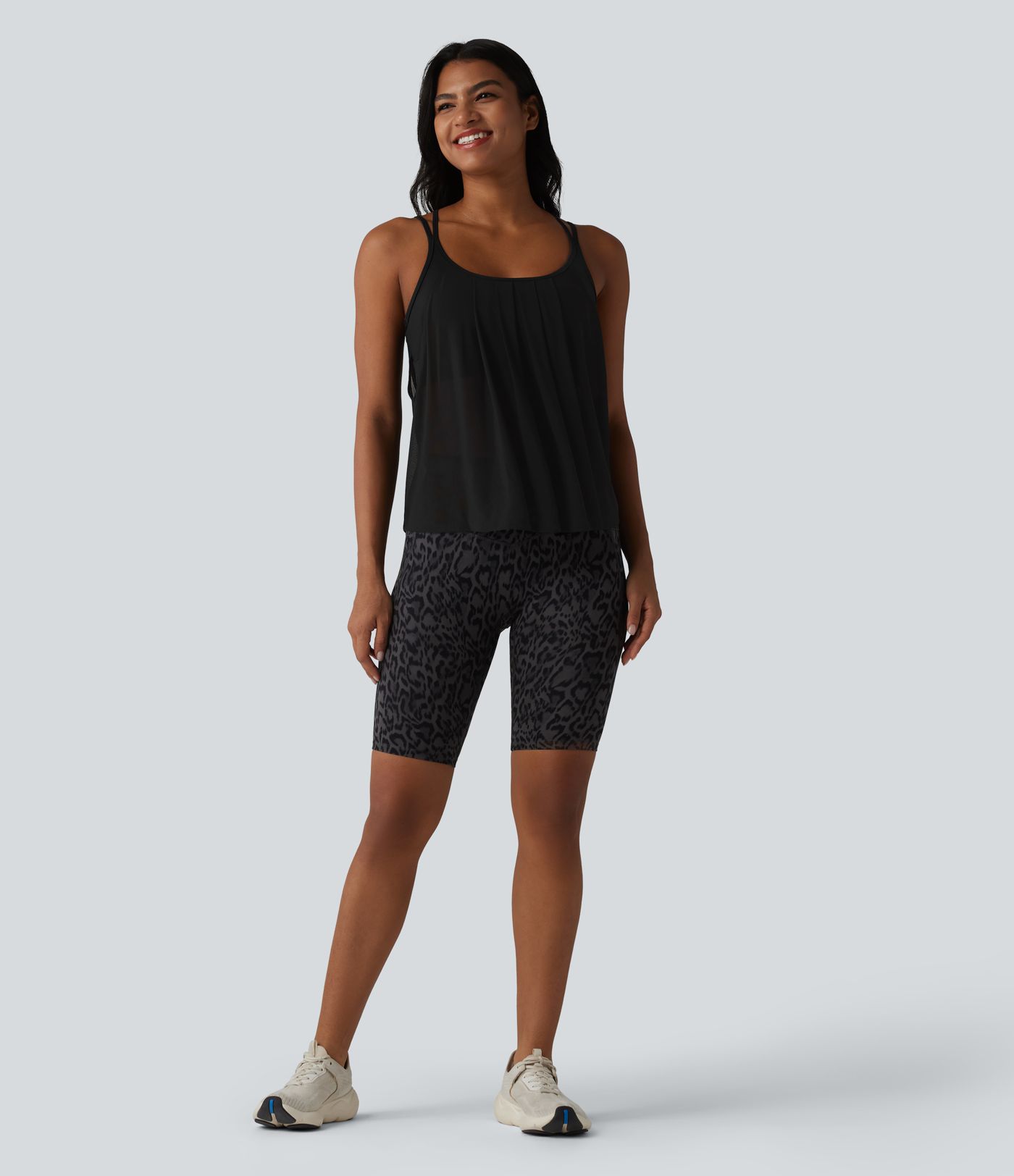 Contrast Mesh Built-in Bra Pleated Yoga Cami Top