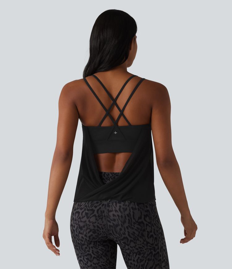 Contrast Mesh Built-in Bra Pleated Yoga Cami Top