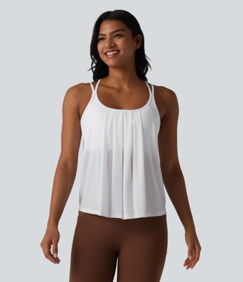 Contrast Mesh Built-in Bra Pleated Yoga Cami Top