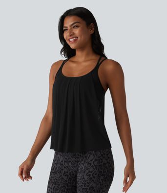 Contrast Mesh Built-in Bra Pleated Yoga Cami Top