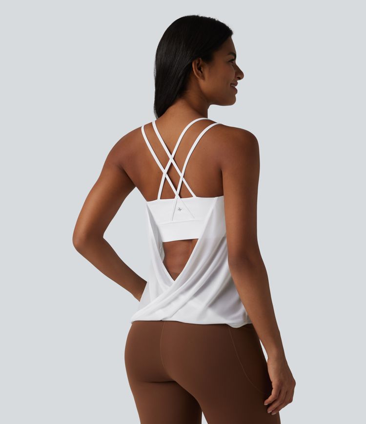 Contrast Mesh Built-in Bra Pleated Yoga Cami Top