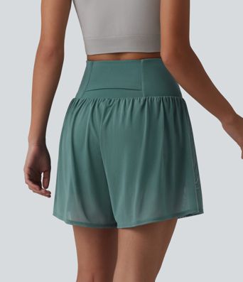 SoftlyZero™ Airy High Waisted Contrast Mesh 2-in-1 Cool Touch Yoga Shorts 5'' with Pockets