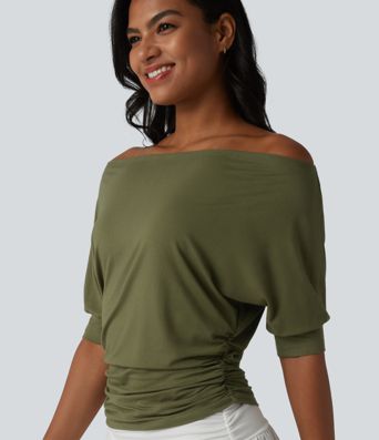 Haut décontracté à épaules dénudées, manches courtes et froncé