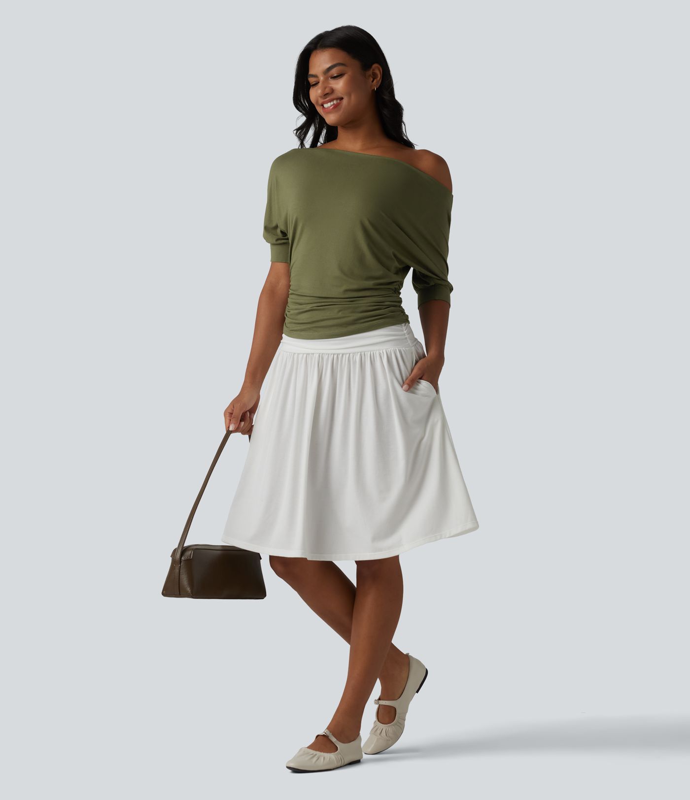 Haut décontracté à épaules dénudées, manches courtes et froncé