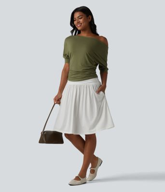 Haut décontracté à épaules dénudées, manches courtes et froncé