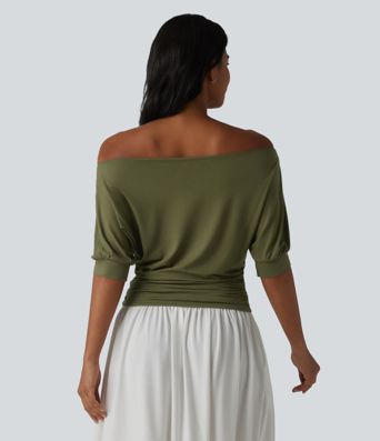 Haut décontracté à épaules dénudées, manches courtes et froncé