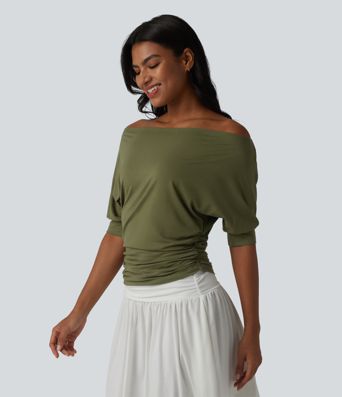 Haut décontracté à épaules dénudées, manches courtes et froncé