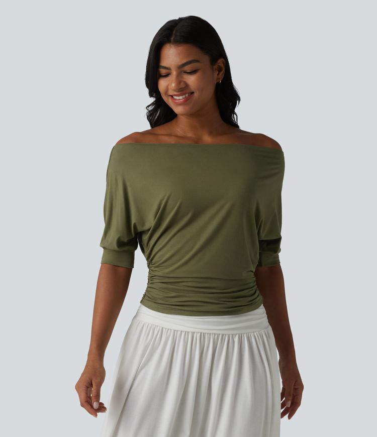 Haut décontracté à épaules dénudées, manches courtes et froncé