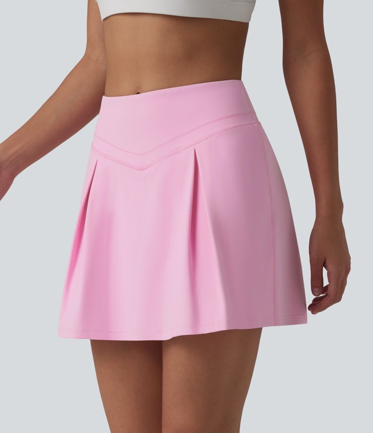SoftlyZero™ Airy Mid Rise Tummy Control 2-in-1 Ruched Mini Workout Skirt with Pockets-UPF50+