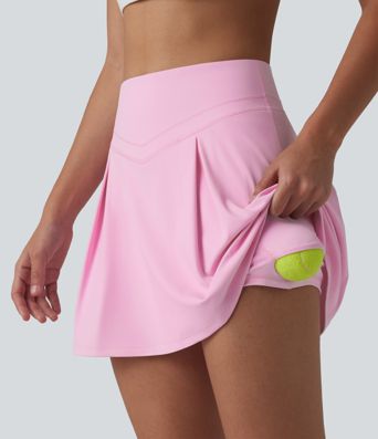 SoftlyZero™ Airy Mid Rise Tummy Control 2-in-1 Ruched Mini Workout Skirt with Pockets-UPF50+
