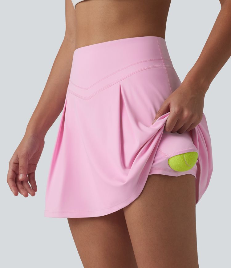 SoftlyZero™ Airy Mid Rise Tummy Control 2-in-1 Ruched Mini Workout Skirt with Pockets-UPF50+
