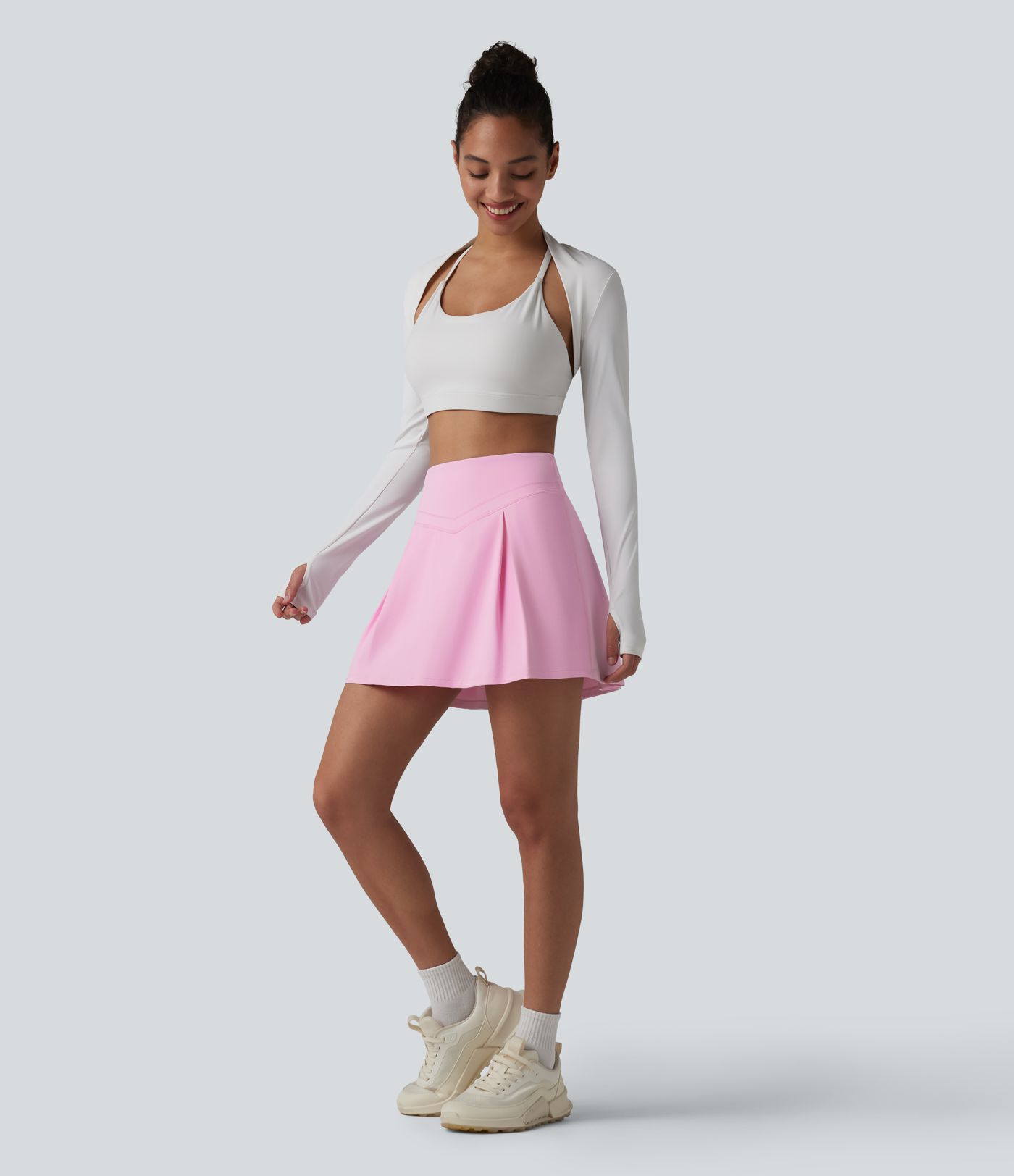 SoftlyZero™ Airy Mid Rise Tummy Control 2-in-1 Ruched Mini Workout Skirt with Pockets-UPF50+