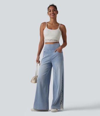 Halara Flex™ High Waisted Contrast Lace Casual Wide Leg Jeans with Pockets