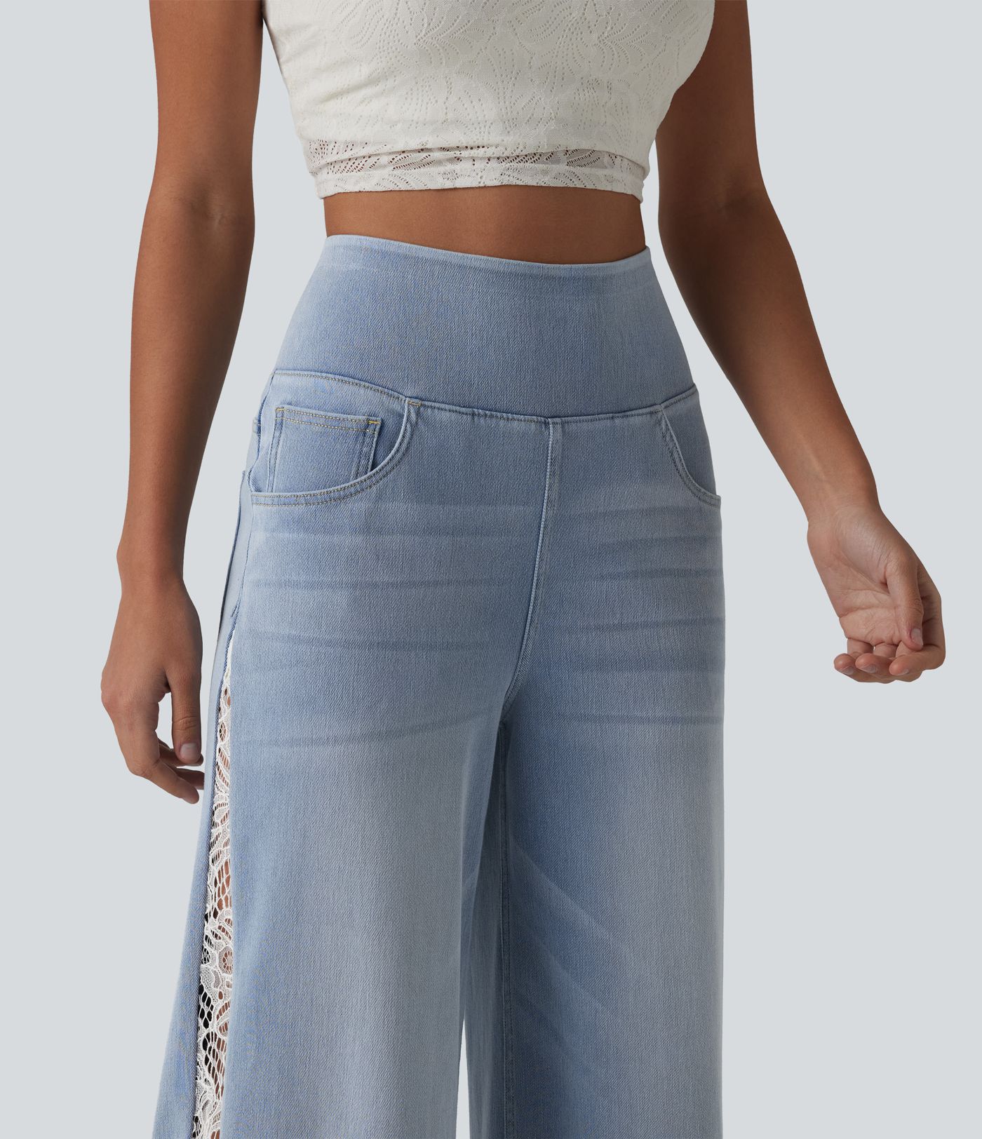 Halara Flex™ High Waisted Contrast Lace Casual Wide Leg Jeans with Pockets