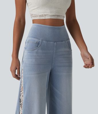 Halara Flex™ High Waisted Contrast Lace Casual Wide Leg Jeans with Pockets