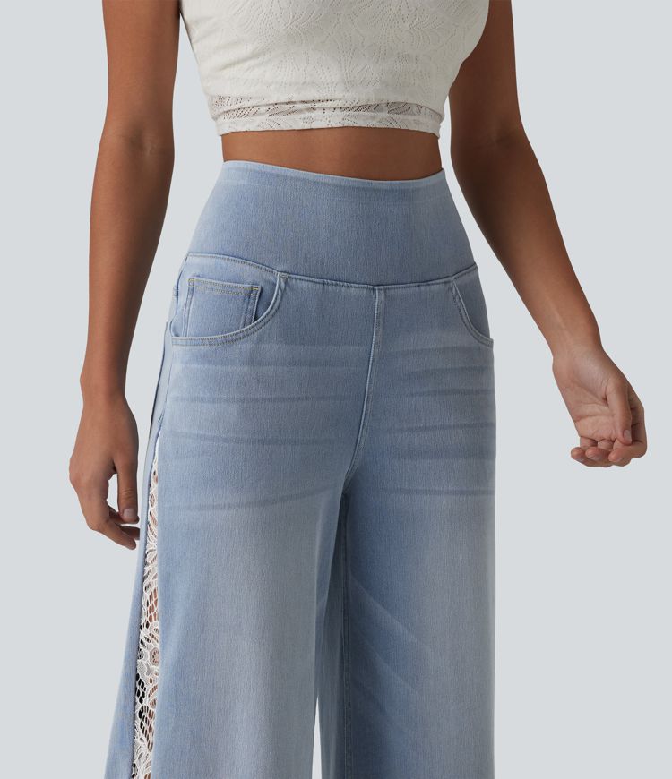 Halara Flex™ High Waisted Contrast Lace Casual Wide Leg Jeans with Pockets